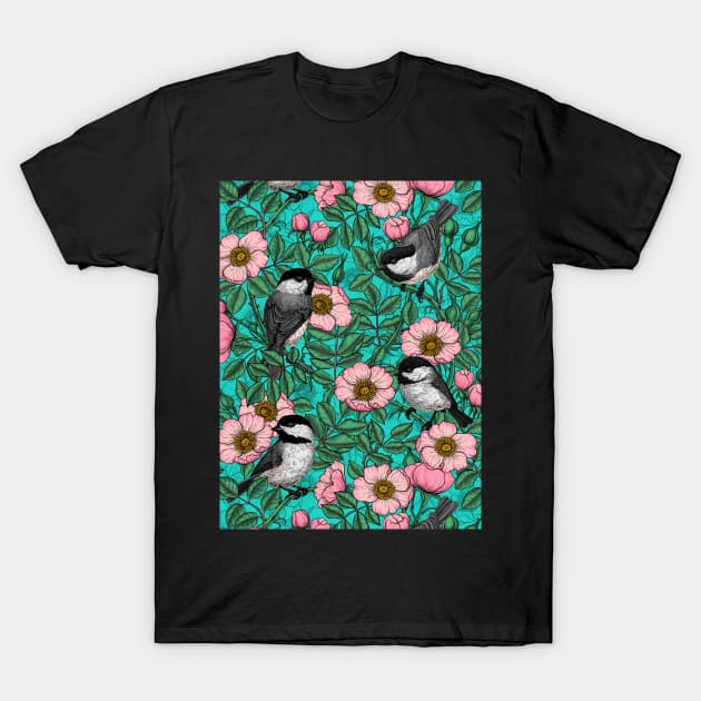 Chickadees in the wild rose, pink and blue T-Shirt by katerinamk